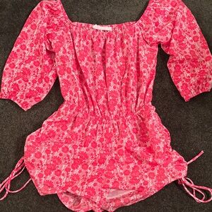 Women’s Pink Floral One-Piece Romper - Elastic Waist, Puff Sleeves